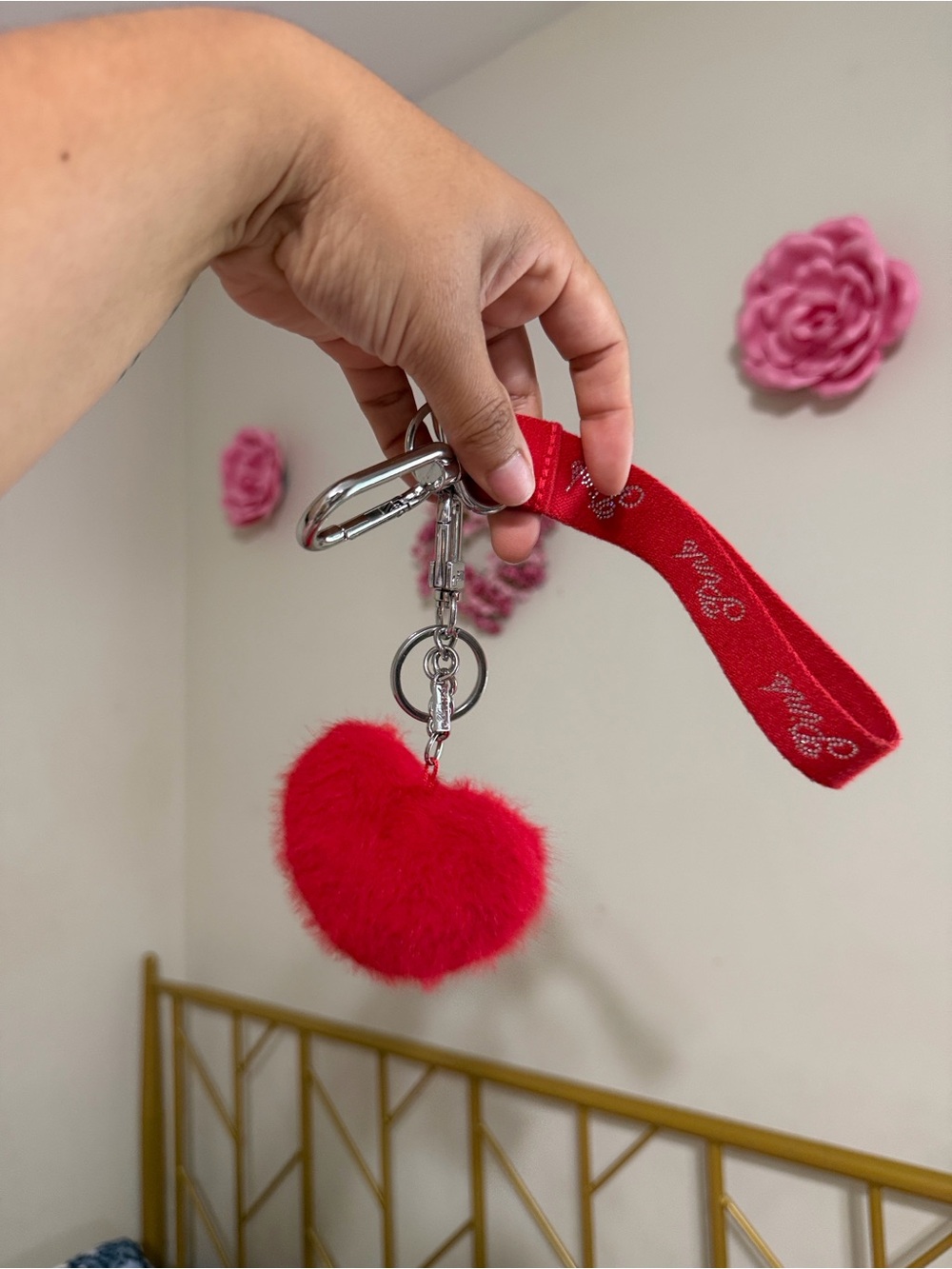 Red Heart Pom Pom Keychain Wristlet - Women Accessories
